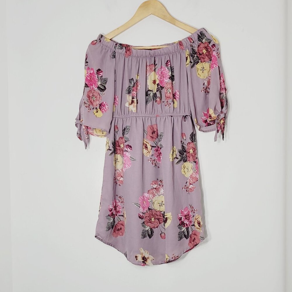 Ardene Purple Dress Pink Green Floral 3/4 Sleeve Off The Shoulder Dress XS